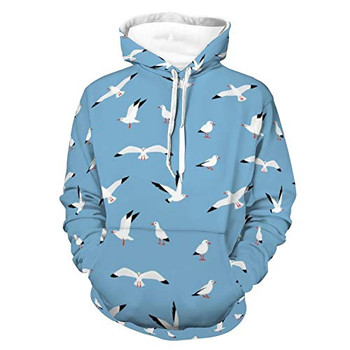 Unisex Women Men Hoodies Long Sleeve Skin-friendly Hooded Sweatshirt Tops Cartoon Seagulls Pattern Autumn Outfit for Vacation Party