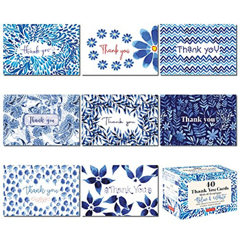 Blue & White, 40 Thank You Cards With Envelopes: (4 1/2 X 3 Inch Blank Cards In 8 Unique Designs)