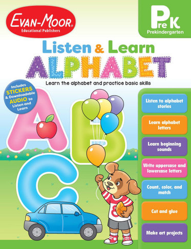 Evan-Moor Listen And Learn Alphabet, Grade Prek, Activity Workbook, Includes Stickers And Audio Read Along, Basic Skills, Counting, Writing Letters, ... Homeschool, Color (Listen & Learn: Alphabet)