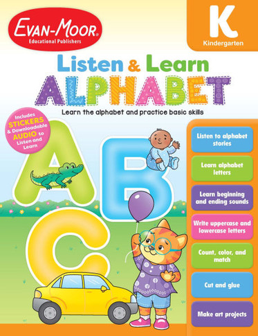 Evan-Moor Listen And Learn Alphabet, Grade K, Kindergarten, Activity Workbook, Includes Stickers And Audio Read Along, Basic Skills, Counting, Writing ... Mazes, Homeschool (Listen & Learn: Alphabet)