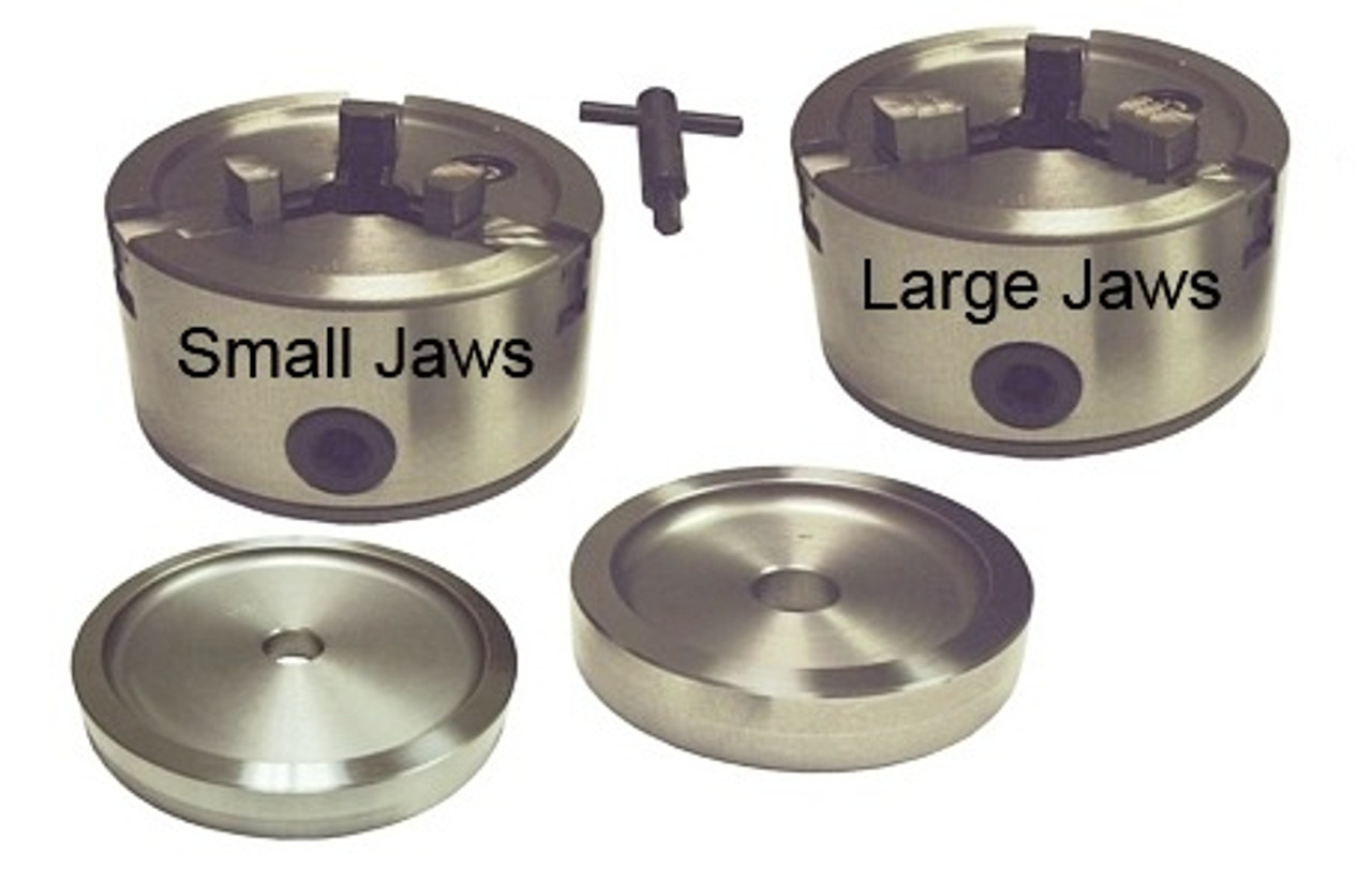 Standard double 3-jaw Chuck set for most brake lathes. Includes Chuck with small jaws, Chuck with large jaws, 2 backing Plates, and T-wrench. 3JDCS.