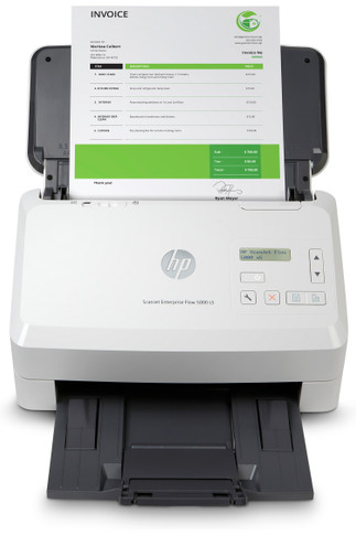 HP ScanJet Enterprise Flow 5000 s5 Scanner; Scan speed 65 ppm/130 ipm (@300 ppi BWGC); Max Resolution: ADF 600 x 600 ppi optical, ADF 1200 x 1200 ppi software; Up to 7,500 pages per daily duty cycle; 2-Lines LCD display + Buttons 6FW09A#BGJ