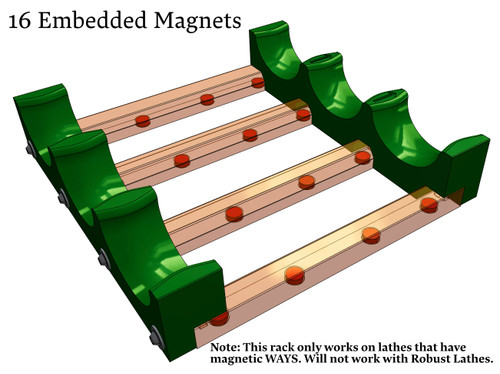Lathe tool rack attached magnetically to steel bed, no screws required