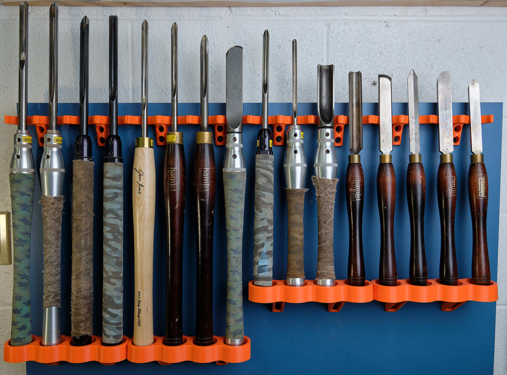 Orange Quad Rack-a-Tool with variety of different turning tools and gouges