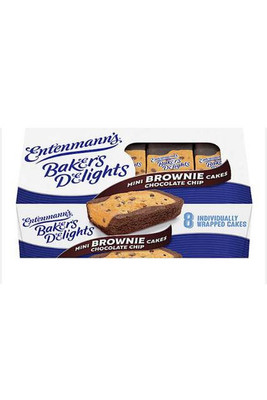 Wilson Inmate Package Program Inc Entenmann’s Baker\'s Delights Fudge Brownies - box of 8 individually wrapped chocolate chip brownie cakes with a visible brownie in front.