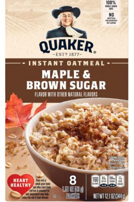 Wilson Inmate Package Program Inc Quaker Instant Oatmeal Maple Brown Sugar 8ct, box with an image of a bowl of prepared oatmeal garnished with cinnamon and surrounded by autumn leaves.