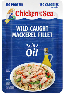 Wilson Inmate Package Program Inc Chicken of the Sea Wild Caught Mackerel Fillet in Oil, product packaging featuring a serving suggestion of a fish fillet on rice with vegetables and a bottle of oil.