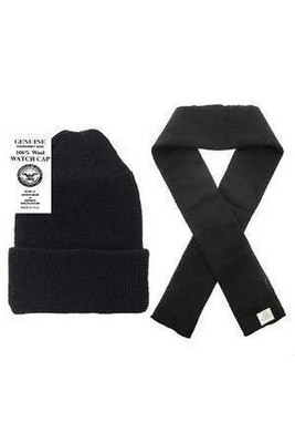 100% Wool Scarf & Wool Hat Watch Cap (2 Piece Set) (Black)