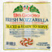 BelGioioso Fresh Mozzarella 16oz, unopened sliced and ready to serve cheese package featuring the BelGioioso logo, American and Italian flags, and an image of sliced mozzarella on a plate.
