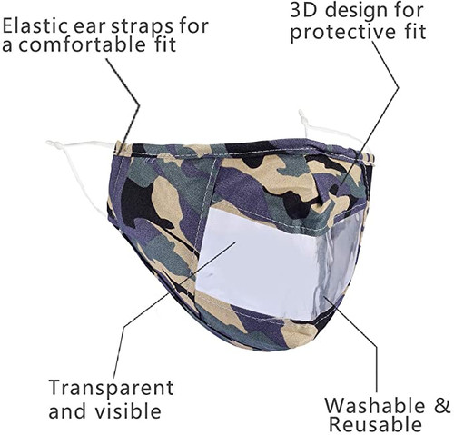 Washable Camo Face Mask with Clear Window and Adjustable Strap
