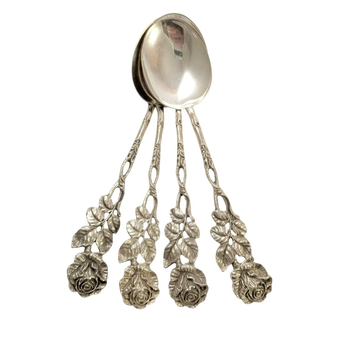 4 Vintage 835 Silver Christoph Widmann Hildesheimer Rose Teaspoons
