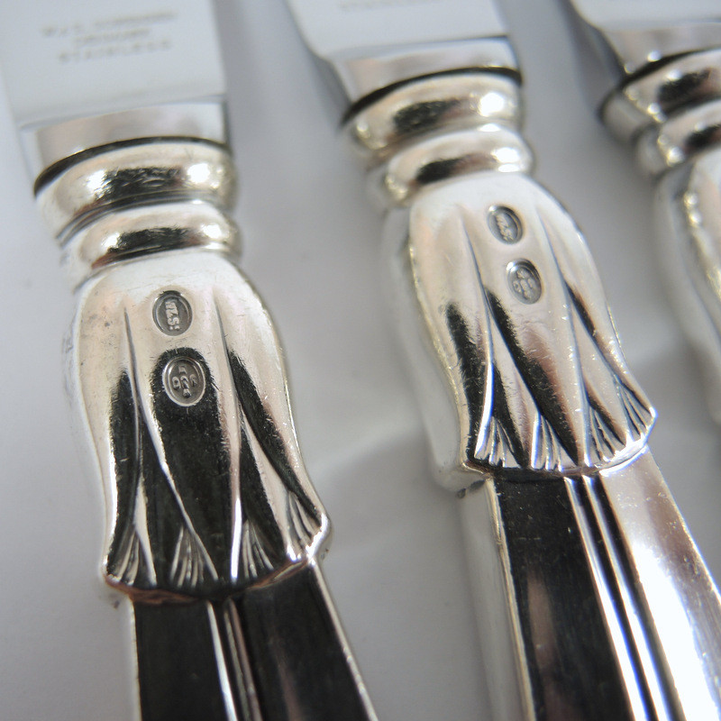 6 Vintage Danish 830S solid silver Lotus 195mm Knives W & Sorensen