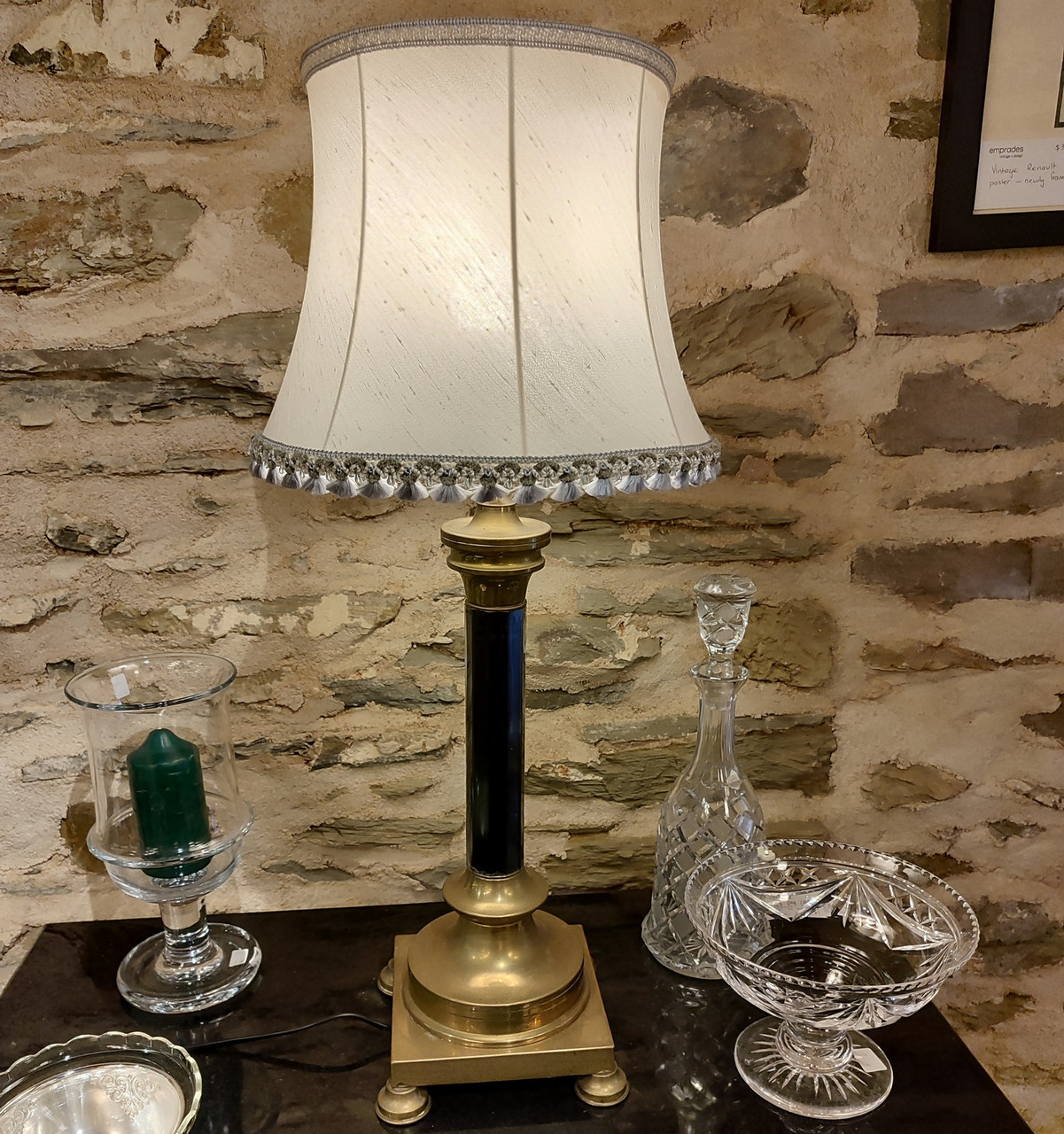 Antique Brass and Black Glass Column Table Lamp with Shade In