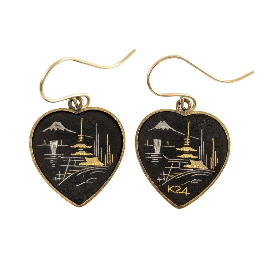 Vintage Japanese 24K Gold Silver Mt Fuji Heart Drop Earrings