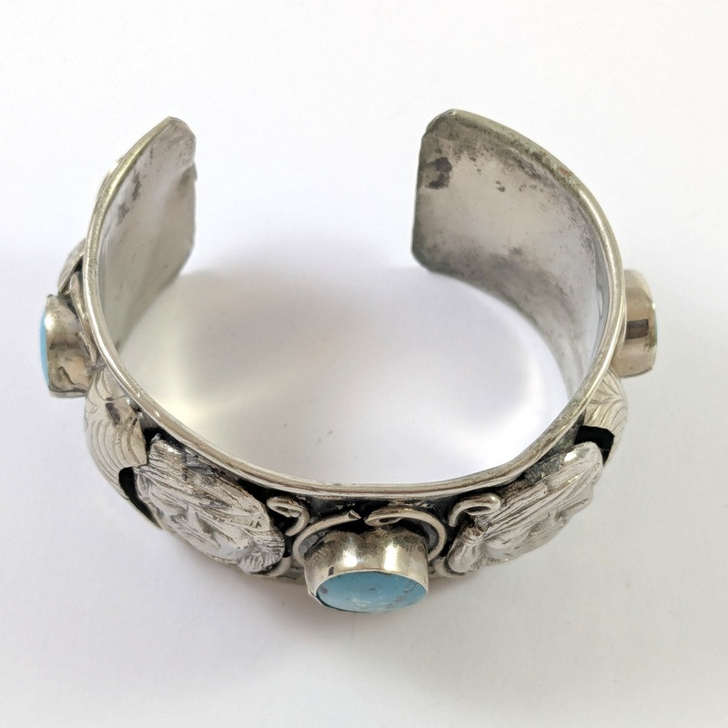 Vintage Mexican Sterling Silver Turquoise Cuff Bangle Aztec Faces