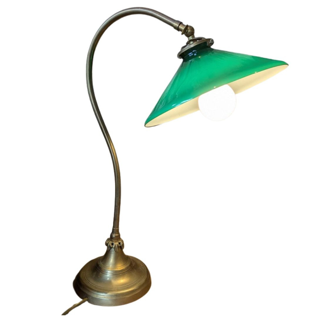 Antique Brass Gooseneck desk lamp with Green Glass Shade -In Store