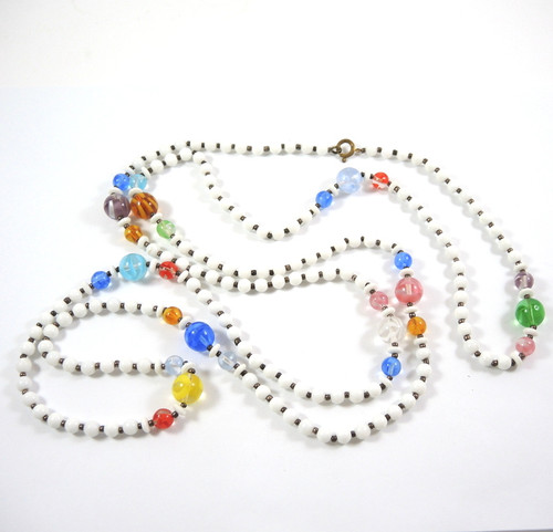 1.45m Long 1950's Vintage Czech Multi Coloured Swirled Marble Glass Bead Necklace