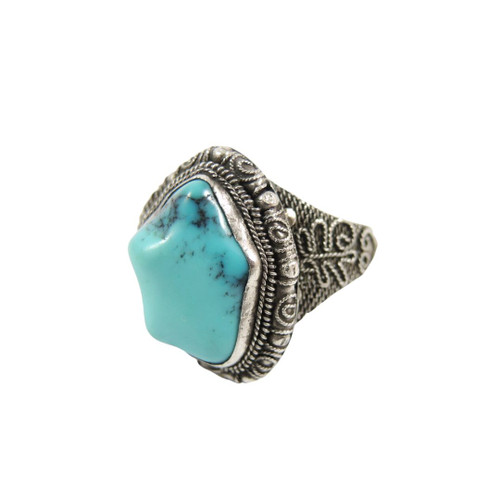  Vintage Adjustable Solid Silver Turquoise Ring with Filigree Detail 