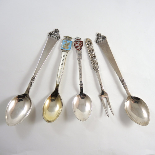 5 Vintage Norway Sterling Silver Norwegian Enamel Spoons 50.7gms