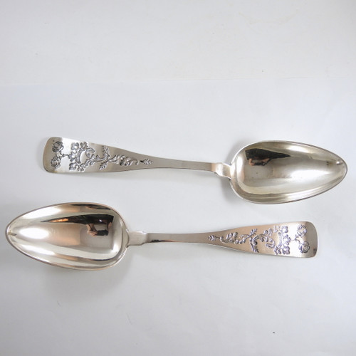 Antique Pair of Danish Silver Serving Spoons Heavily Engraved Rose Design