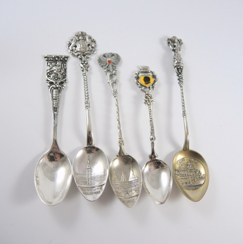 5 Vintage 800 Solid Silver German Town Souvenir Spoons 