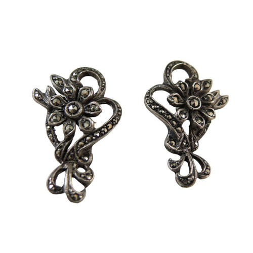  Vintage Art Deco Sterling Silver Marcasite Floral Earrings Pierced Ears