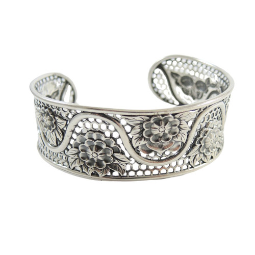 Nepalese 999 Fine Silver Lotus Flower Cuff Bangle