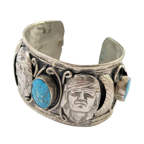 Vintage Mexican Sterling Silver Turquoise Cuff Bangle Aztec Faces