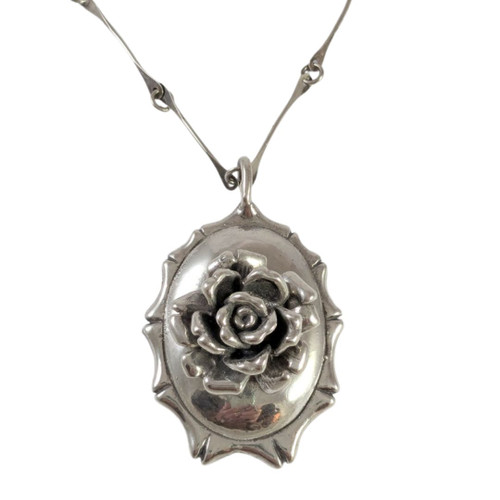 Vintage Large Sterling Silver Rose Pendant on Long Fancy Link Chain