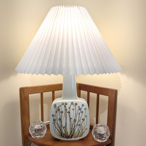  Vintage Royal Copenhagen Faience Baca Lamp by Ellen Malmer with pleated shade