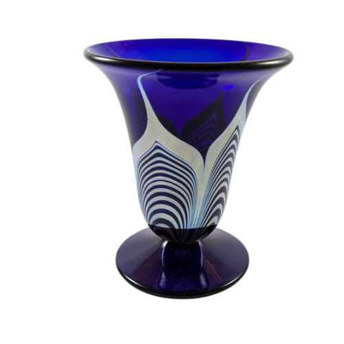 Vintage Steve Correia Art Glass Cobalt Blue Silver Pulled Feather vase