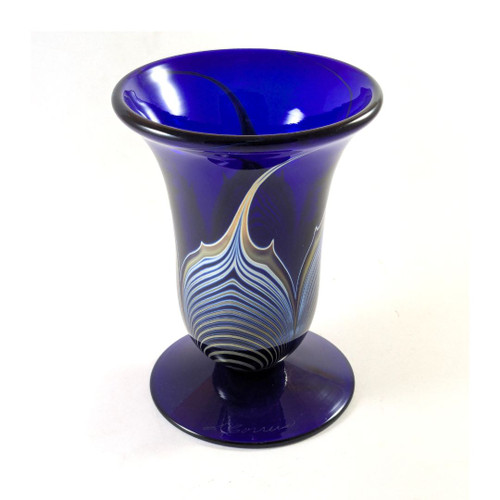 Vintage Steve Correia Art Glass Cobalt Blue Silver & Gold Pulled Feather vase