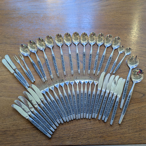 12 person Vintage Norway Geilo Pewter & Stainless Steel Rosemaling Cutlery Set