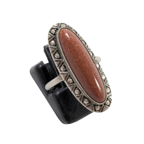  Vintage Art Deco Sterling Silver Marcasite & Goldstone Ring Size O.