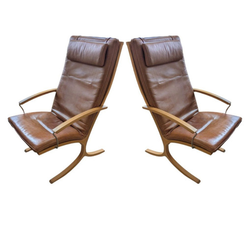 2 Vintage Danish Mogens Hansen Beech & Leather Easy Chairs 