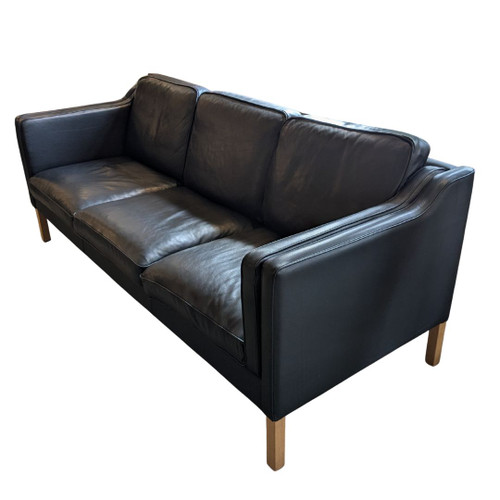 Vintage Danish Black Leather 3 seater Sofa or Couch Mogensen Style #2