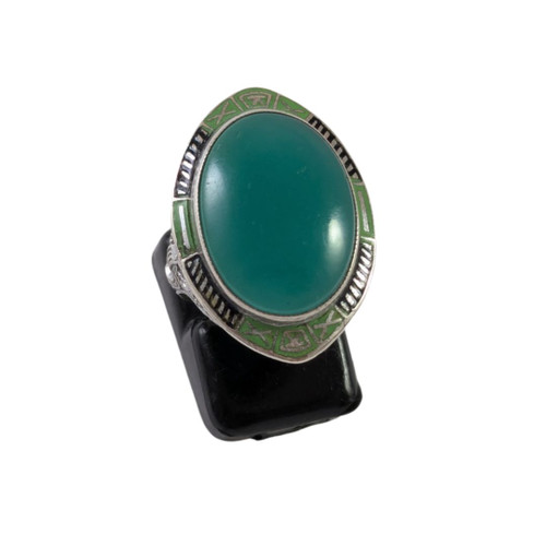 Vintage Sterling Silver Enamel Filigree and Greenstone  ring