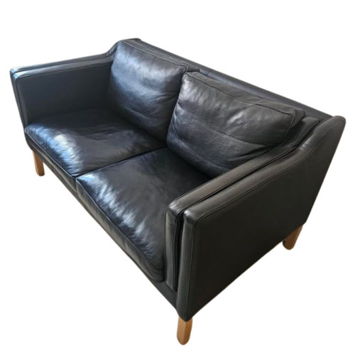 Vintage Danish Black Leather 2 seater Sofa or Couch Mogensen Style