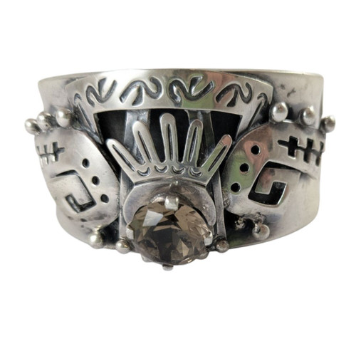 Vintage Mexican  Faus F Sterling Silver & Smokey Quartz Cuff Bangle Bracelet