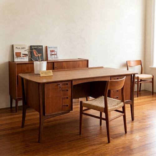 Vintage Danish Svend Age Madsen for H P Hansen Teak Desk with 8 drawers