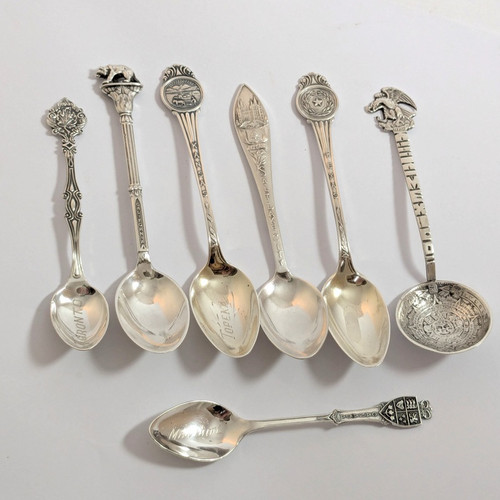 7 Vintage Sterling Silver Canadian, USA + Mexican Souvenir spoons 