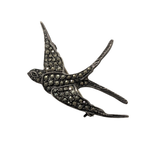 Vintage Solid Silver Marcasite Swallow Brooch