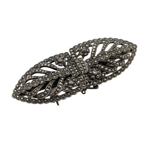 Vintage 65mm Solid Silver Marcasite Dress Clip Duette Brooch 