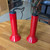 2 Vintage Mid Century Danish Red Enamel Rio Minimalist Drop Lights
