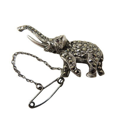 Broche Clip Art Déco En Argent Sterling Et émail - Figuratif éléphant Avec Marcassites - Occasion