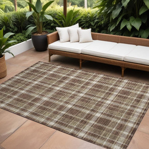 9' X 12' Chocolate and Ivory Plaid Washable Non Skid Indoor Outdoor Area Rug N270-563347 9' X 12' Chocolate and Ivory Plaid Washable Non Skid Indoor Outdoor Area Rug N270-563347