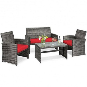4 Pieces Patio Rattan Furniture Set with Cushions-Red - Color: Red D681-HW63238RE 4 Pieces Patio Rattan Furniture Set with Cushions-Red - Color: Red D681-HW63238RE