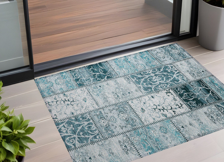3' X 5' Teal Patchwork Washable Non Skid Indoor Outdoor Area Rug N270-563586