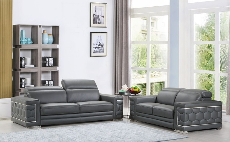 Two Piece Indoor Dark Gray Italian Leather Five Person Seating Set N270-343842
