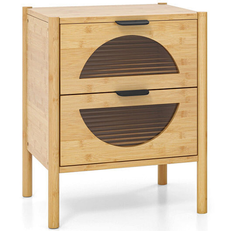 Bamboo Nightstand with 2 Storage Drawers and Reeded Tempered Glass Fronts-Natural - Color: Natural D681-JV11256NA
